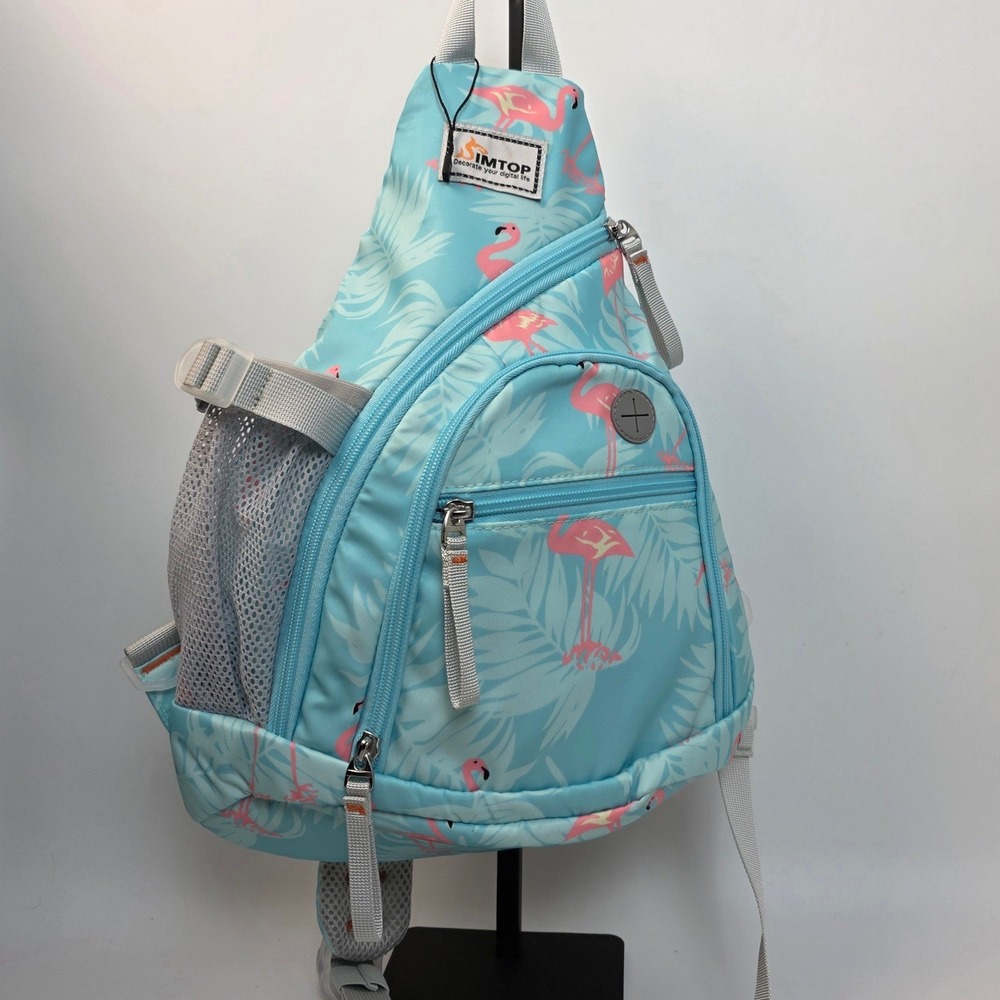 Simtop Flamingo Tropical Print Sling‎ Backpack Blue Crossbody Travel Bag Used